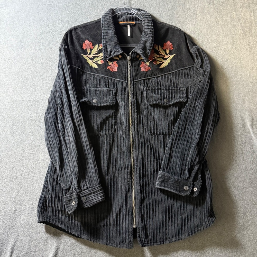 Free People Black Corduroy Embroidered Floral Zip Up Western Jacket Medium